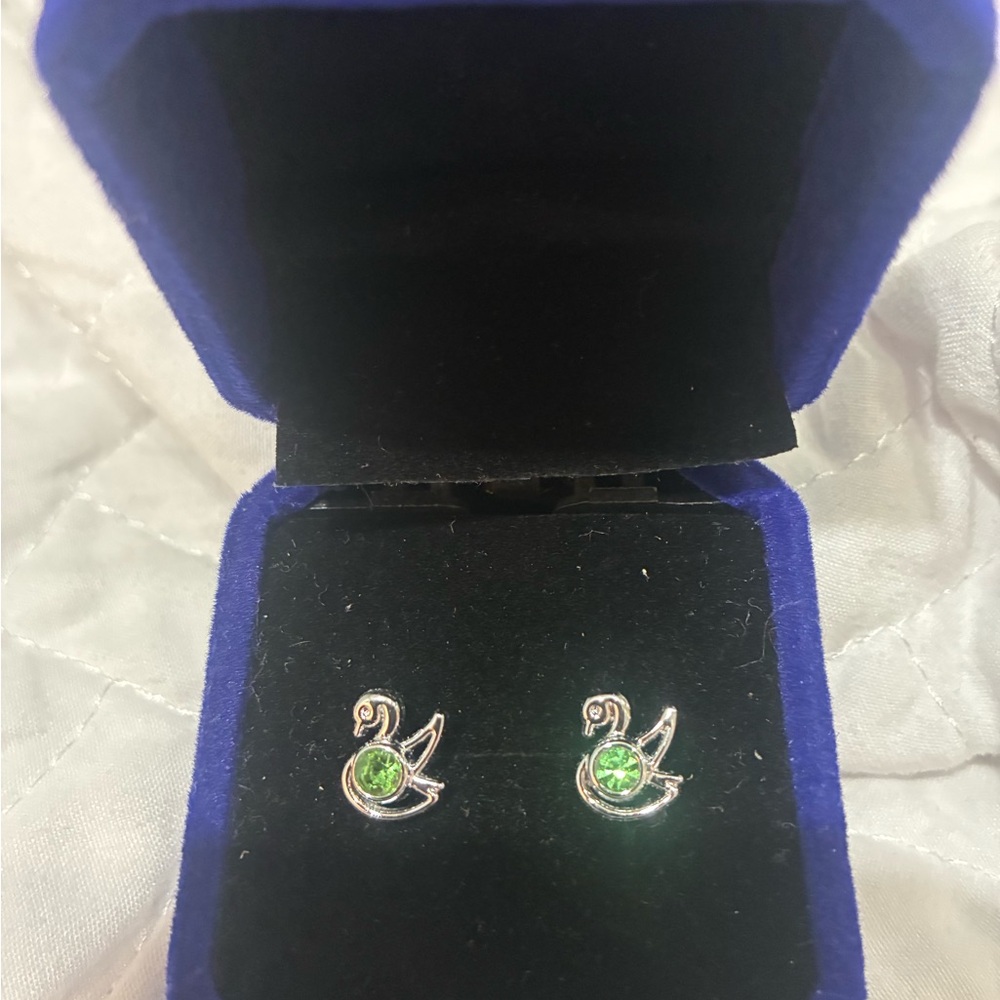 Swan Earrings with Green Gemstone